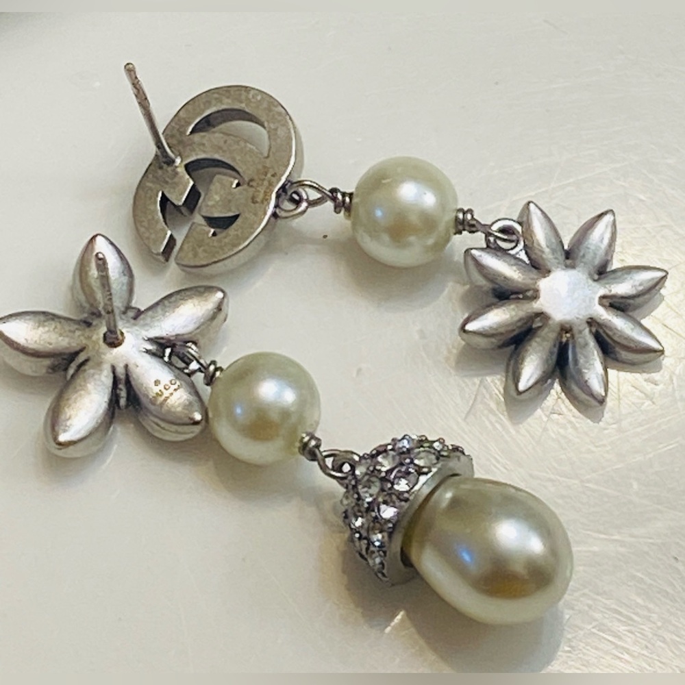 Mismatched Gucci 925 Silver Crystal & Pearl Asymmetrical Drop Earrings - Picture 3 of 6